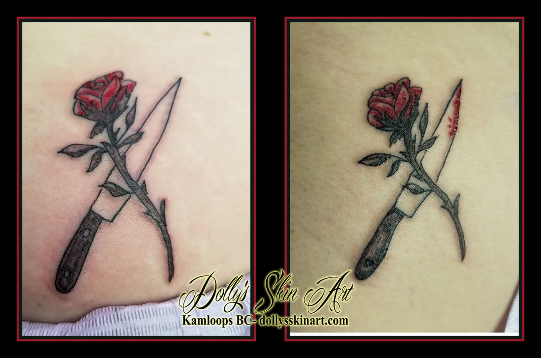 black and red matching friends knife rose flower blood small tattoo kamloops dolly's skin art