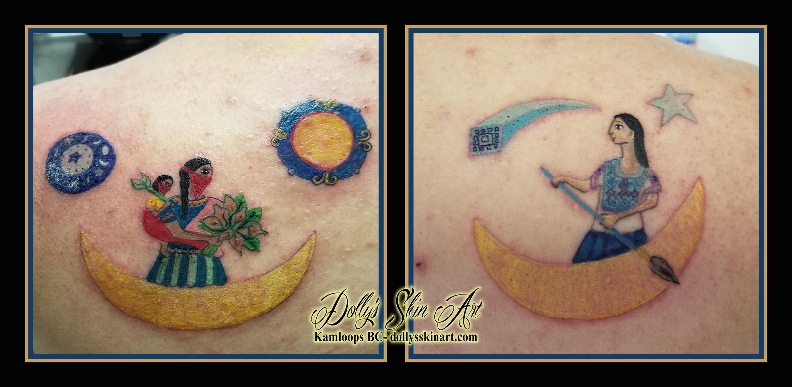 colour tattoo folk art artist boat stars sun moon flowers traditional back shoulder tattoo kamloops dolly's skin art