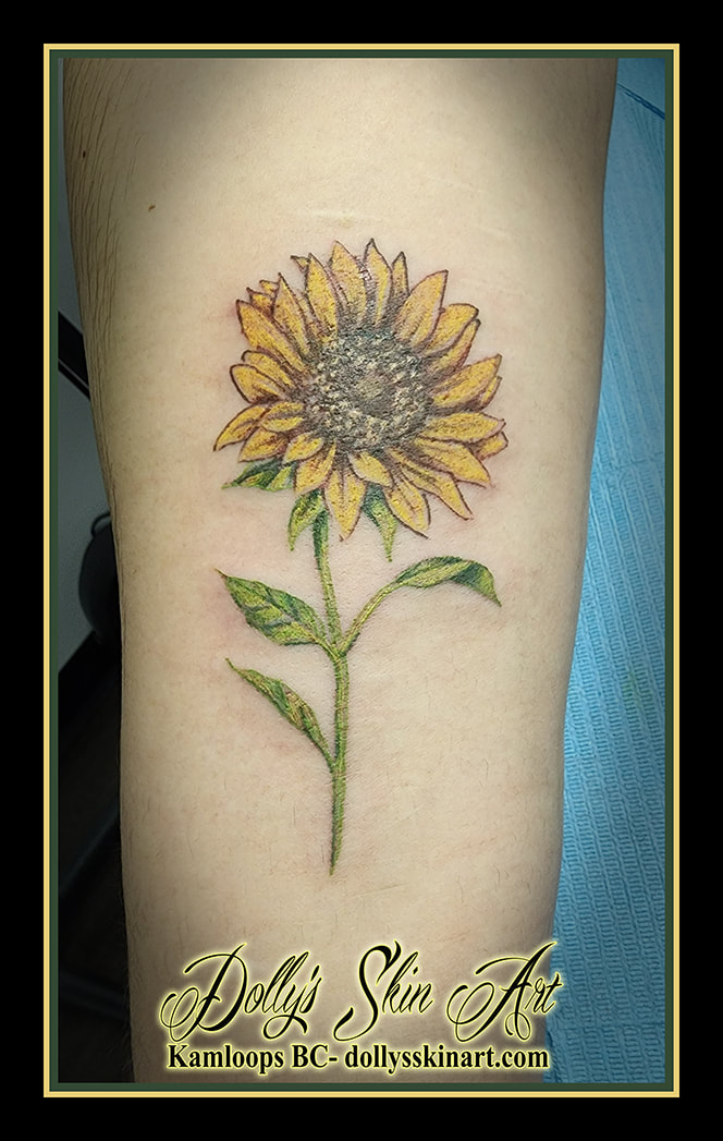 sunflower tattoo flower colour yellow brown green forearm tattoo dolly's skin art kamloops