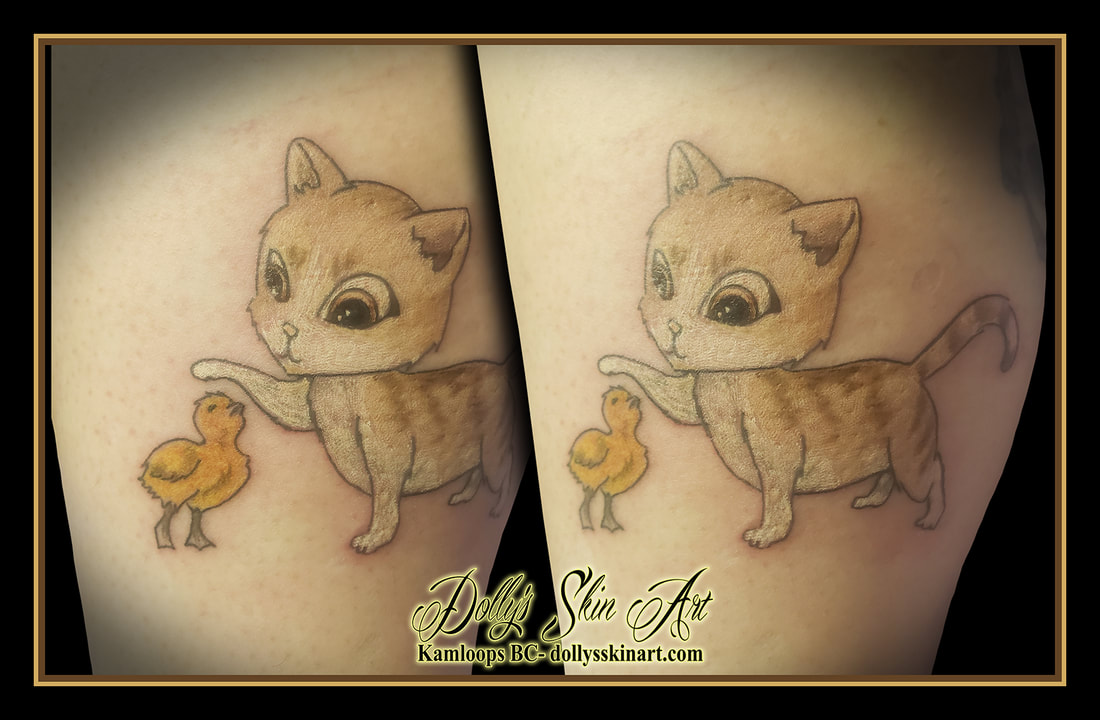 cat tattoo duck duckling colour kitty kitten orange brown yellow white tattoo dolly's skin art kamloops