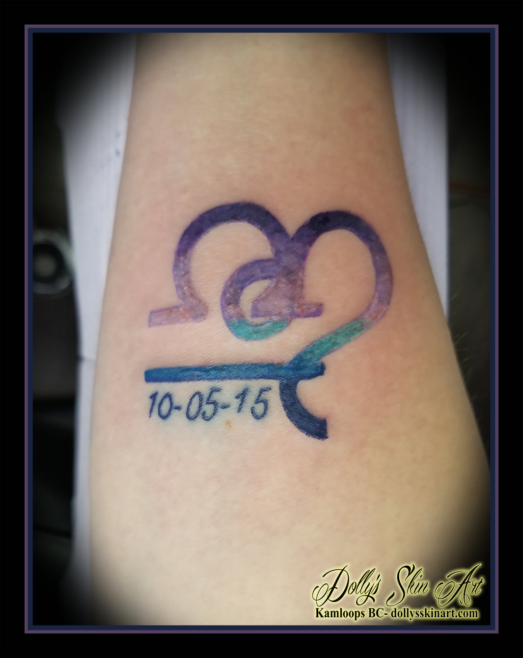 Libra Leo simple symbols coour purple blue dark blue 10 05 15 gradient fade forearm tattoo kamloops dolly's skin art