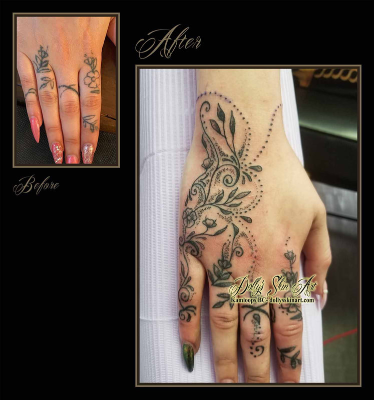flowers filigree hand tattoo black and grey floral dotwork shading tattoo kamloops dolly's skin art