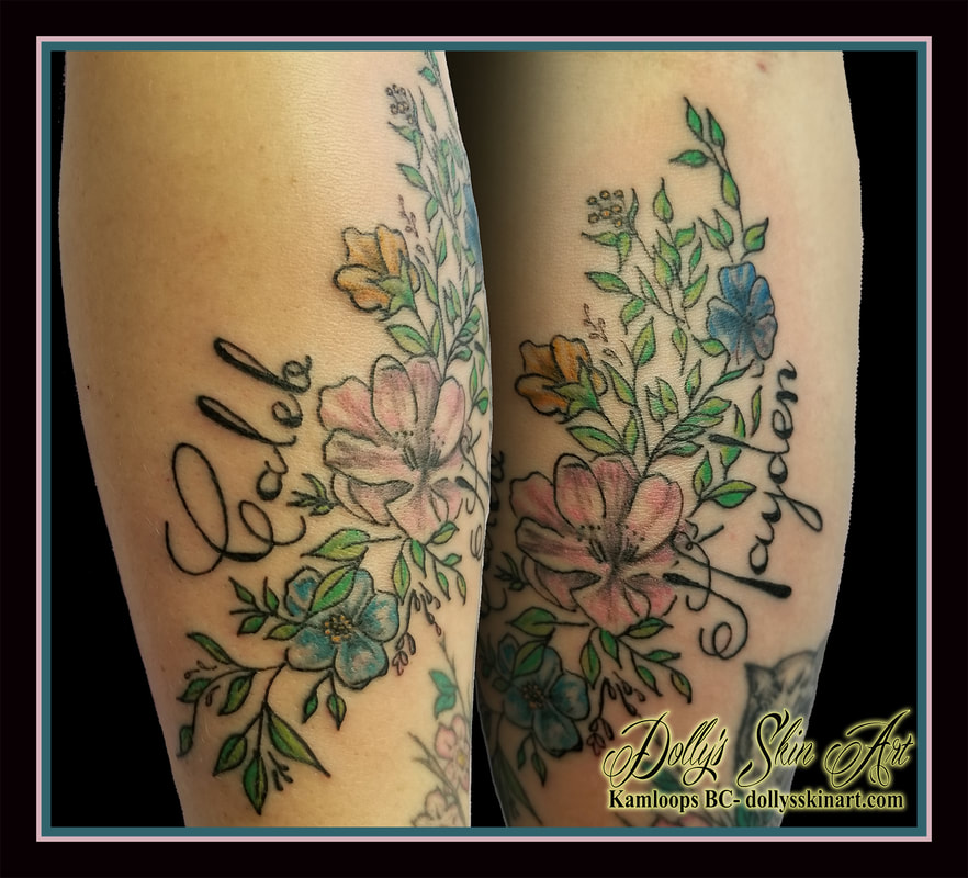flowers leaves roses colour green blue pink yellow children caleb hayden font lettering kamloops tattoo dolly's skin art
