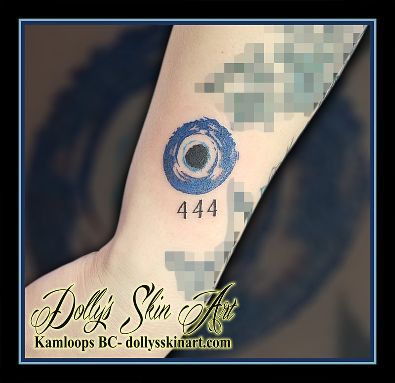 naẓar tattoo evil eye ward protect talisman curse colour blue black 444 forearm tattoo kamloops dolly's skin art
