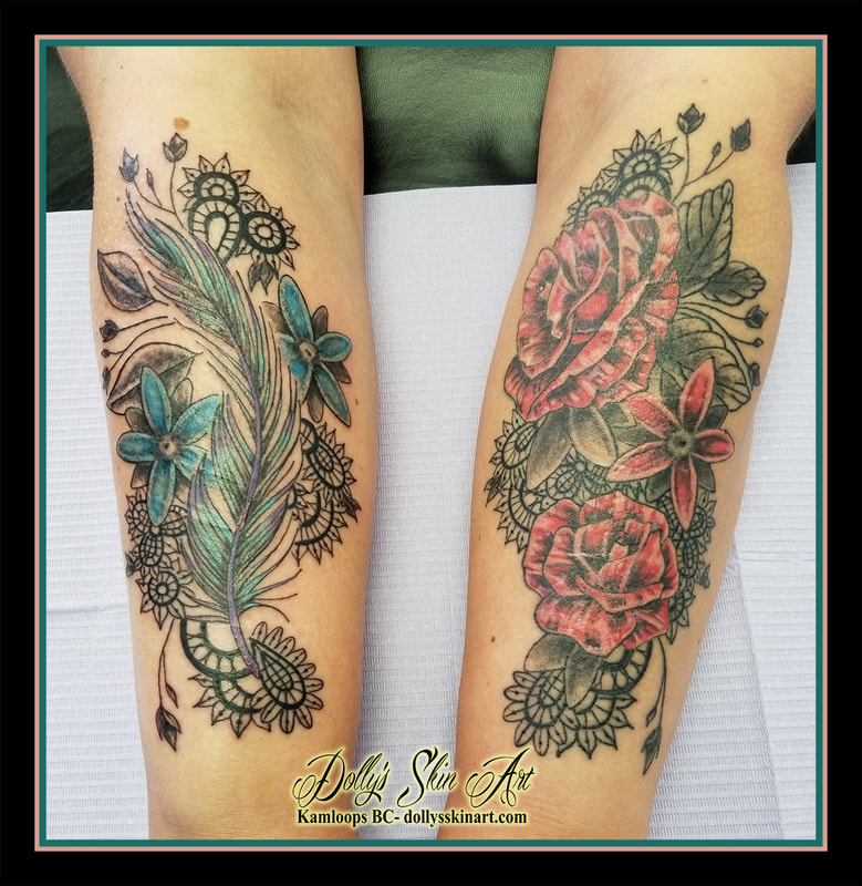 feather flowers lace forearm matching blue purple red healed and fresh tattoo kamloops dolly's skin art
