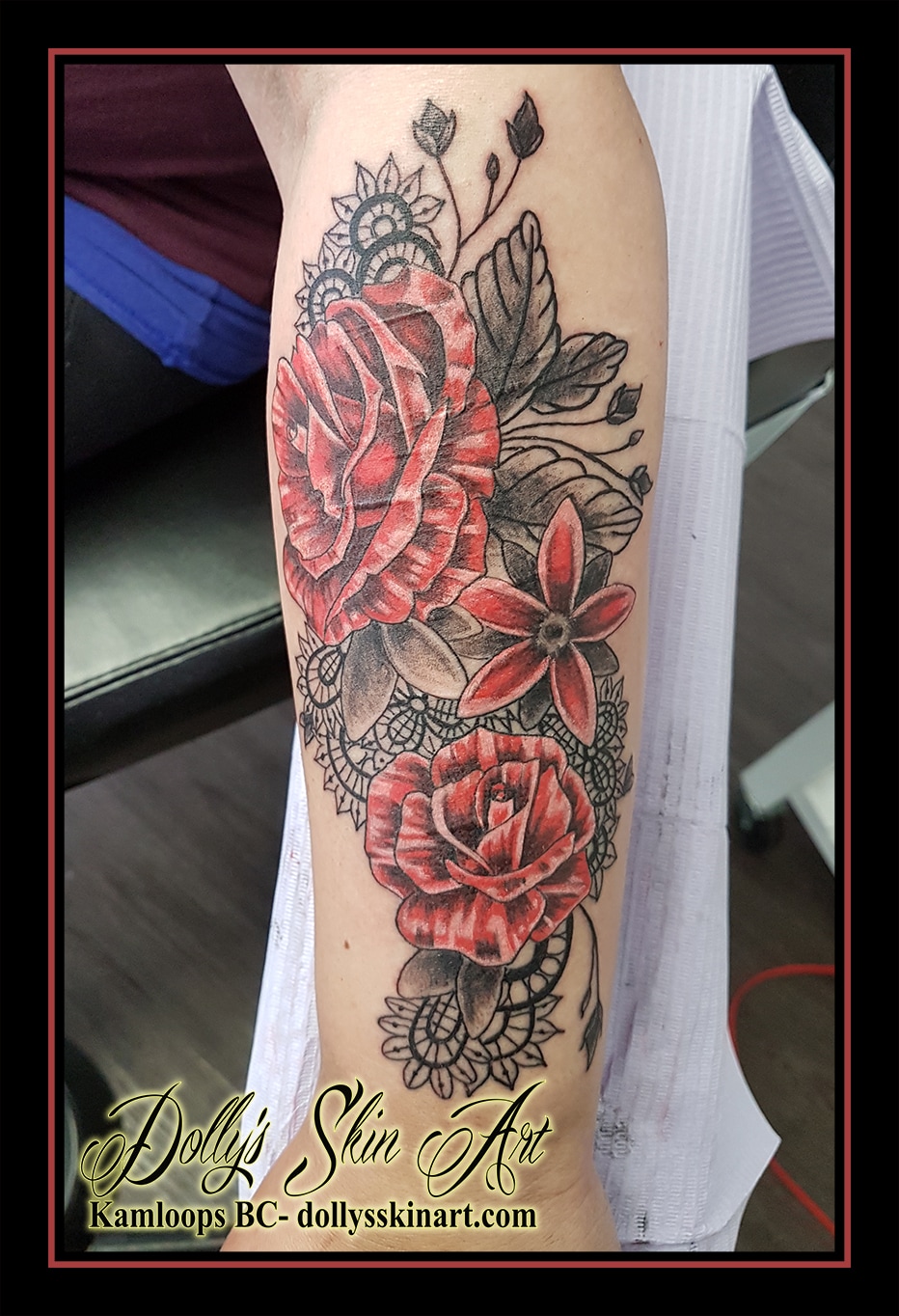 flowers rose leaves lace mandala arm colour forearm tattoo kamloops dolly's skin art