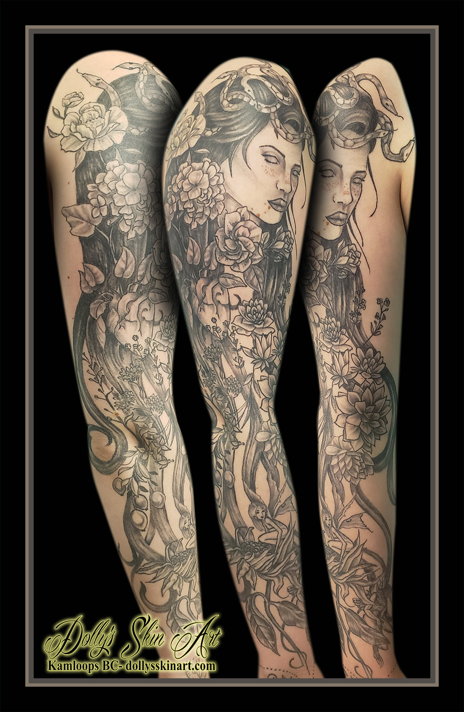 black and grey sleeve tattoo medusa lady flowers anatomical heart fairy berries floral shading tattoo kamloops dolly's skin art