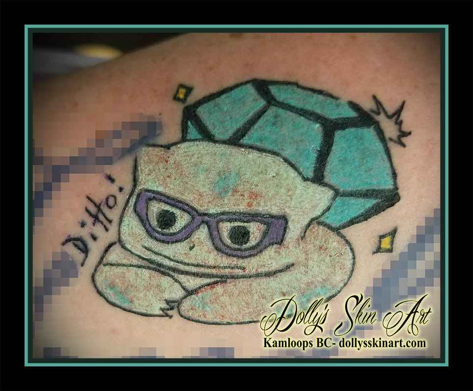 Bulbasaur tattoo diamond ditto colour family Pokémon Nintendo tattoo kamloops dolly's skin art