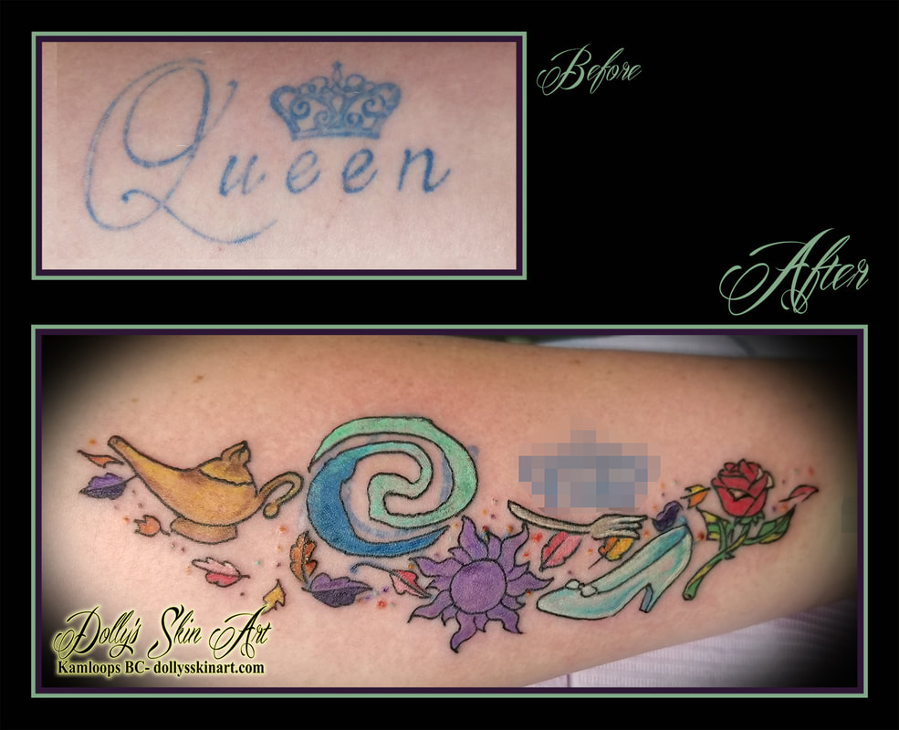 Disney cover up tattoo colour Aladdin Cinderella Moana Rapunzel rose fork lamp leaves glass slipper gold blue purple white red green tattoo kamloops dolly's skin art