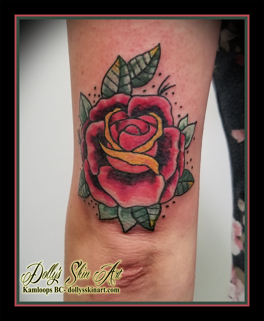 colour traditional style rose flower tricep arm red yellow green tattoo kamloops tattoo dolly's skin art