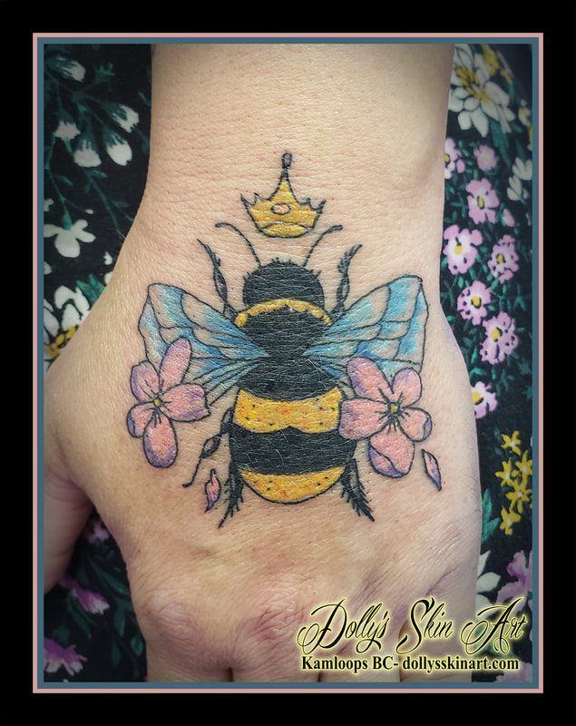 bee tattoo queen colour hand yellow black pink purple blue shading crown tattoo kamloops dolly's skin art