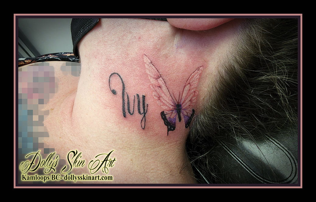 butterfly tattoo ivy lettering black white pink purple neck tattoo dolly's skin art kamloops
