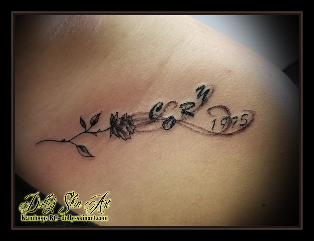 black grey rose font letters c o r y 1995 collarbone small tattoo kamloops dolly's skin art