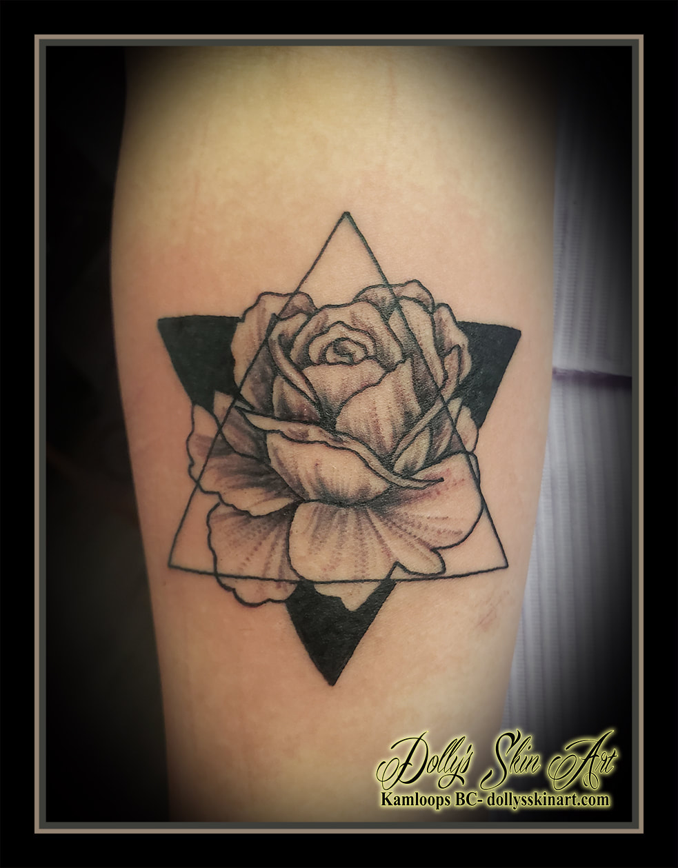 rose triangle tattoo black and grey shading geometric line work tattoo kamloops dolly's skin art