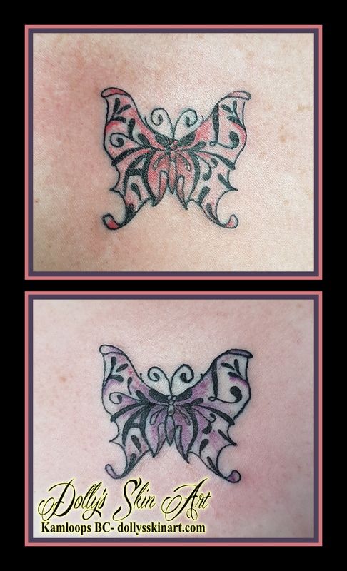 small butterfly filigree sister matching tattoos initials colour black kamloops dolly's skin art