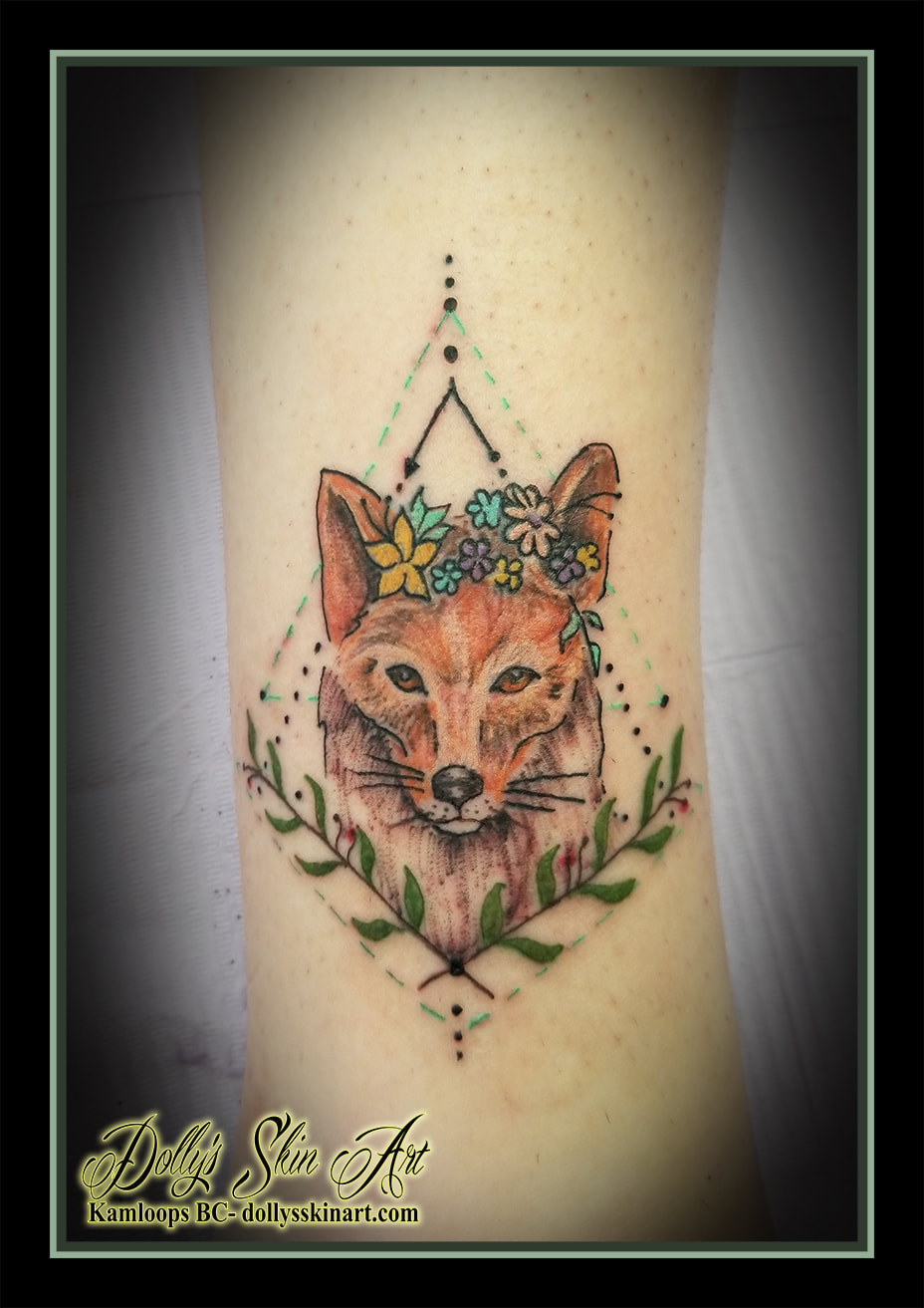 fox tattoo colour flowers leaves abstract orange brown green yellow blue purple pink dots lines ankle tattoo kamloops dolly's skin art