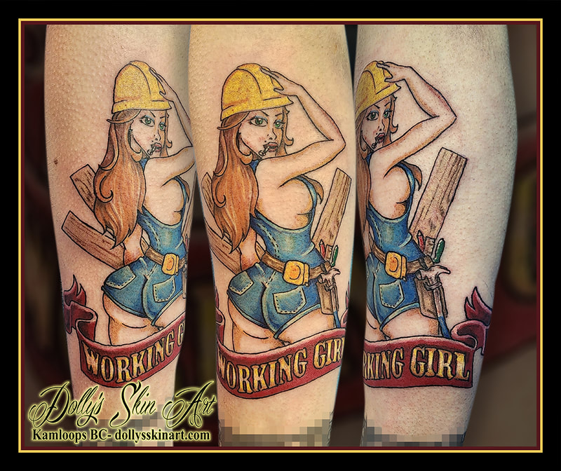 pin up girl tattoo colour working girl construction overalls lumber hard hat banner toolbelt yellow blue brown white red lettering forearm tattoo kamloops dolly's skin art