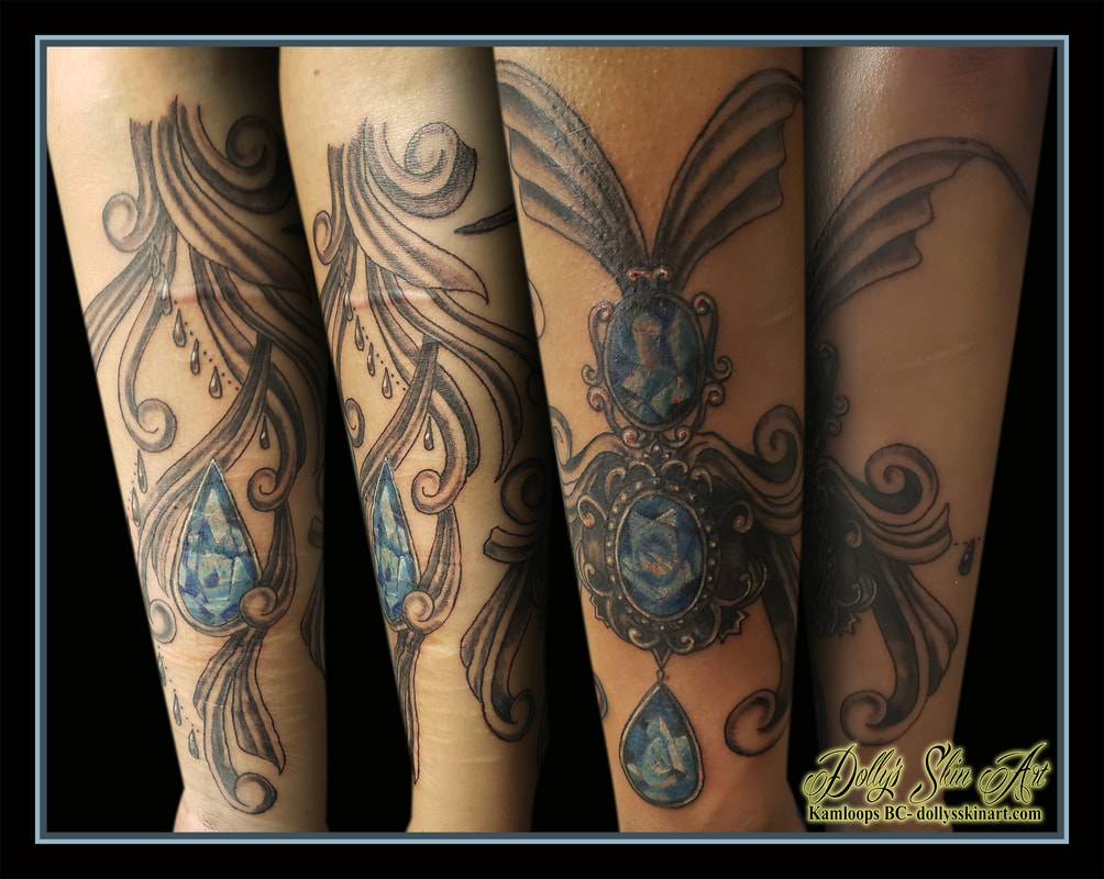 gems tattoo filigree black and grey blue beads shading tattoo kamloops dolly's skin art