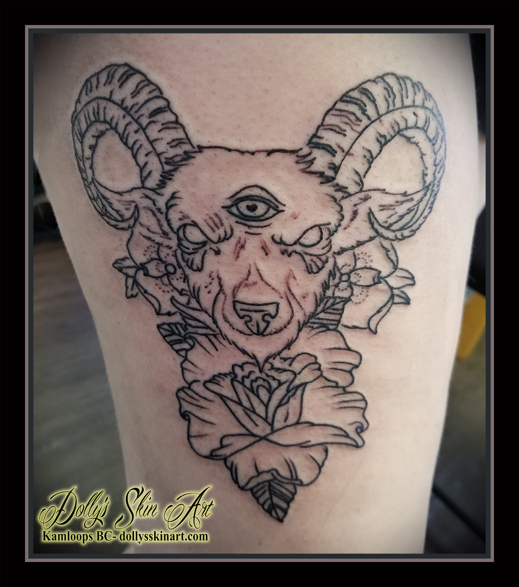 goat head tattoo roses third eye outline linework blackwork black thigh tattoo kamloops dolly's skin art