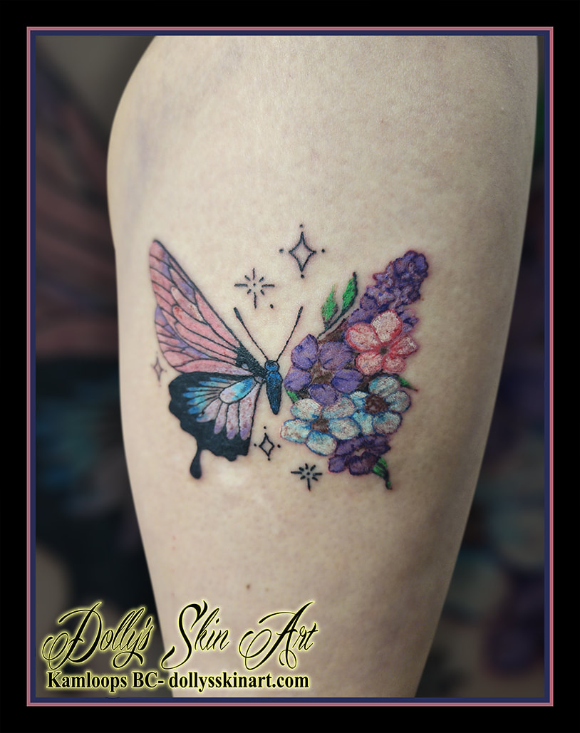flower butterfly tattoo colour pink purple blue black green white stars tattoo kamloops dolly's skin art