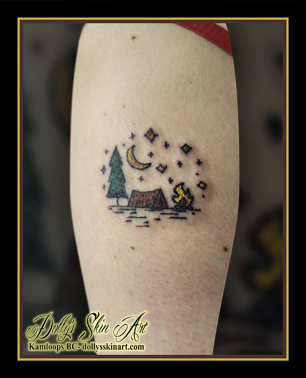 campsite tattoo colour simple minimalist green brown yellow red black arm tattoo kamloops dolly's skin art