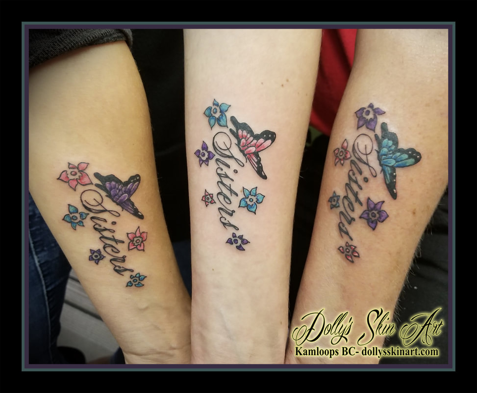 matching sisters colour butterfly flowers script lettering font red purple blue pink forearm tattoo kamloops tattoo dolly's skin art