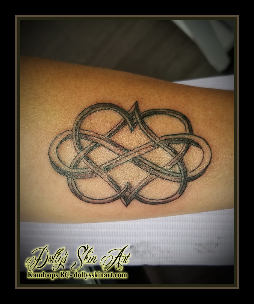 black and grey infinity hearts arm first tattoo kamloops dolly's skin art