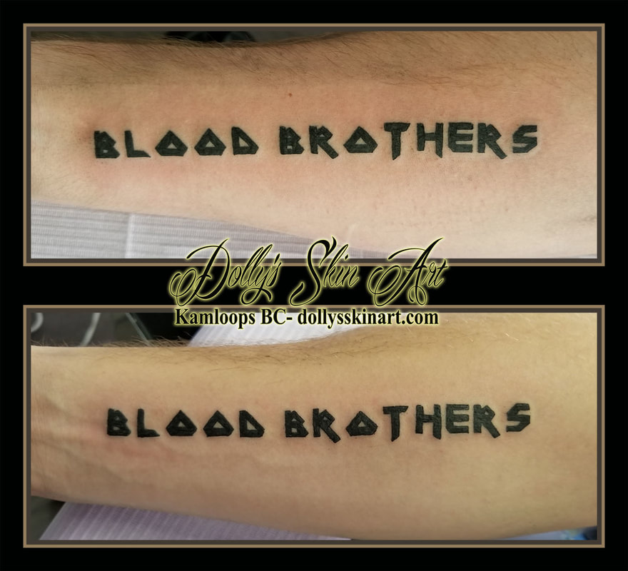 blood brothers iron maiden font lettering black script brother matching forearm tattoo kamloops dolly's skin art