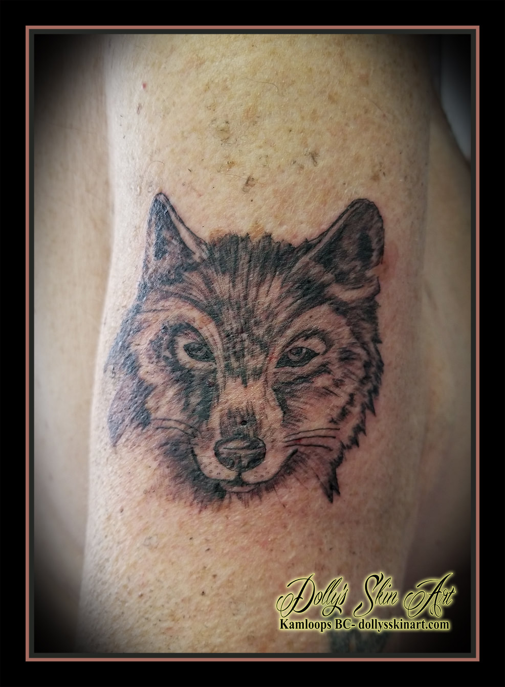 wolf black and grey small shaded arm tattoo kamloops tattoo dolly's skin art