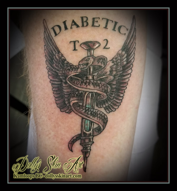 black and grey medicalert diabetic t 2 type 2 medical alert syringe snake wings blue white tattoo kamloops dolly's skin art