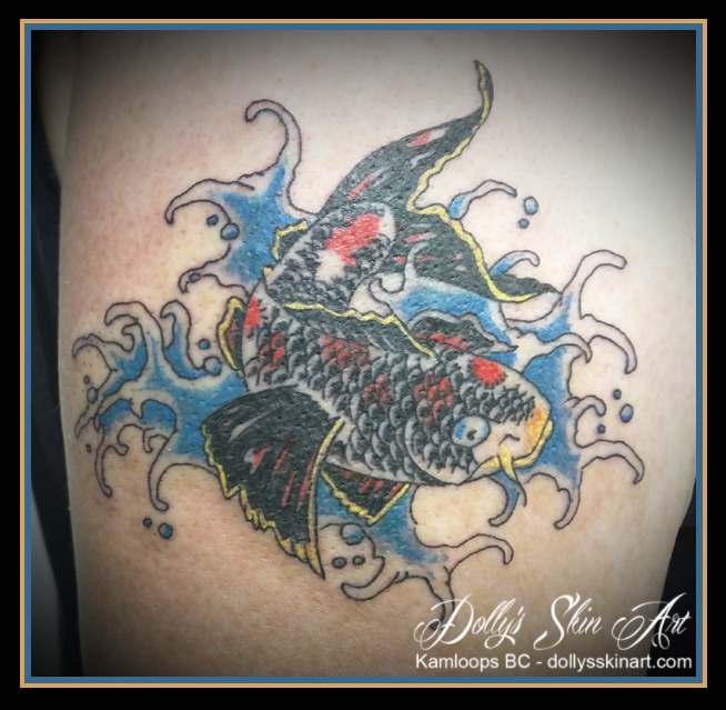 black red blue yellow koi fish japanese lucky first tattoo kamloops dolly's skin art