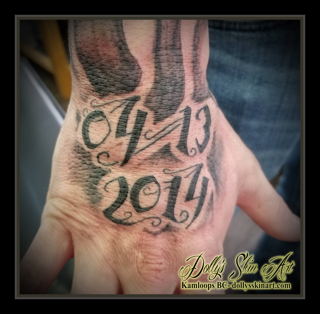 hand dates font lettering 04 13 2014 shading black script child birth date tattoo kamloops dolly's skin art