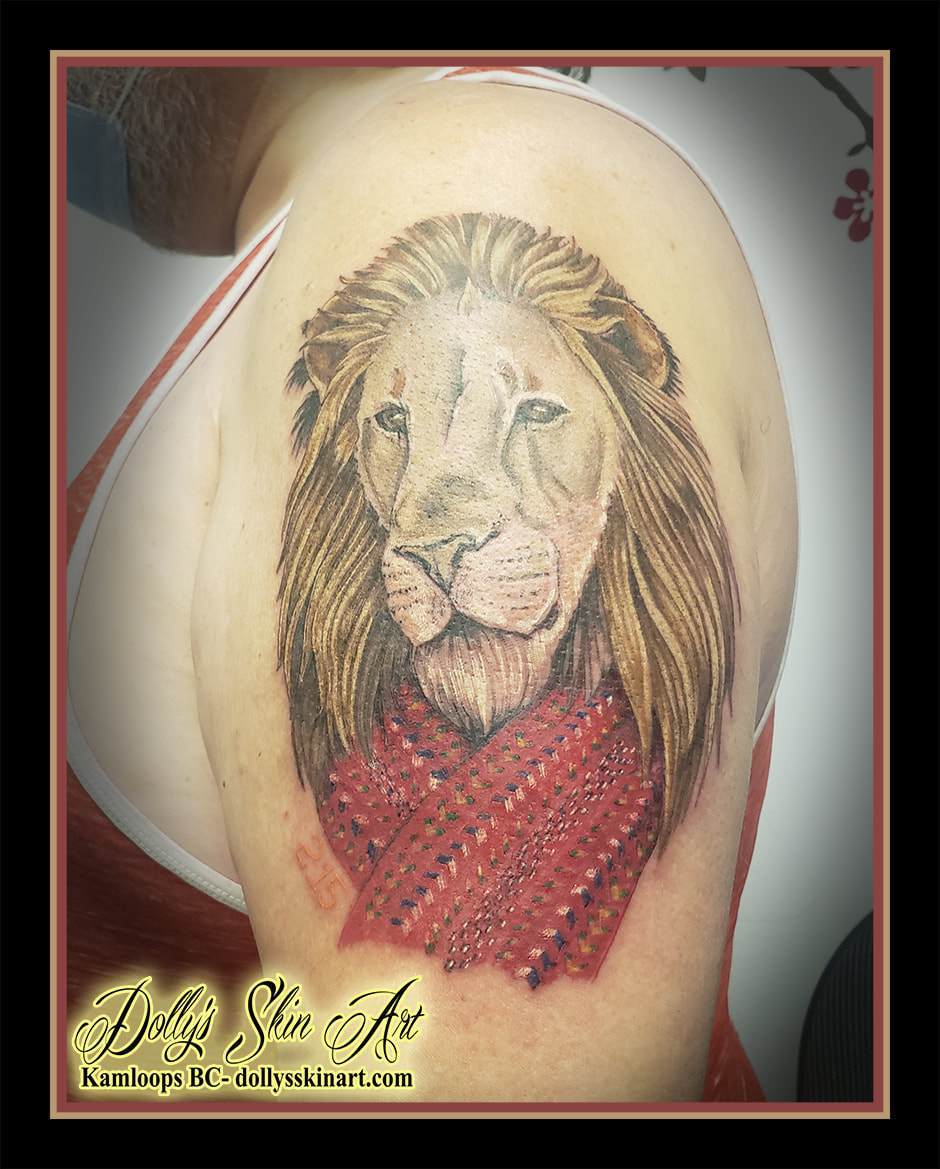 lion tattoo brown black white red green blue orange metis scarf indigenous 215 colour tattoo kamloops dolly's skin art