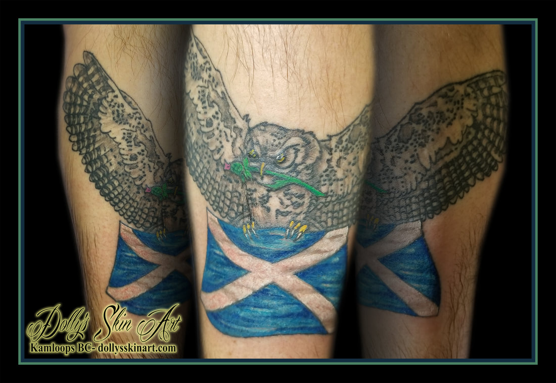Saltire Saint Andrew's Cross Saint Andrew on a blue sky flag Scotland Scottish thistle owl bird forearm colour tattoo kamloops dolly's skin art