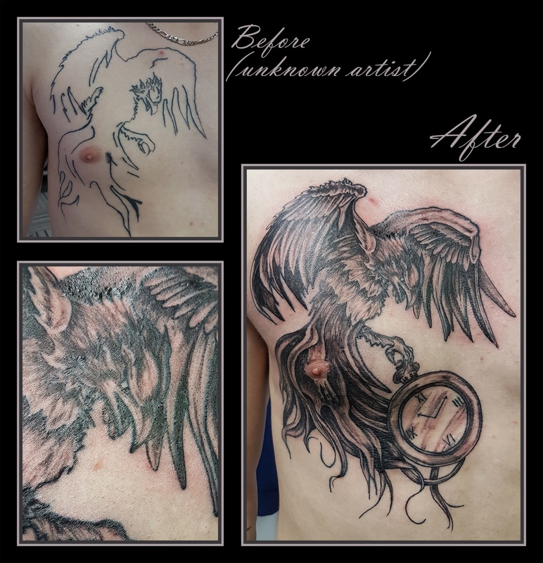 phoenix coverup pocket watch clock chest black and grey shading tattoo kamloops dolly's skin art
