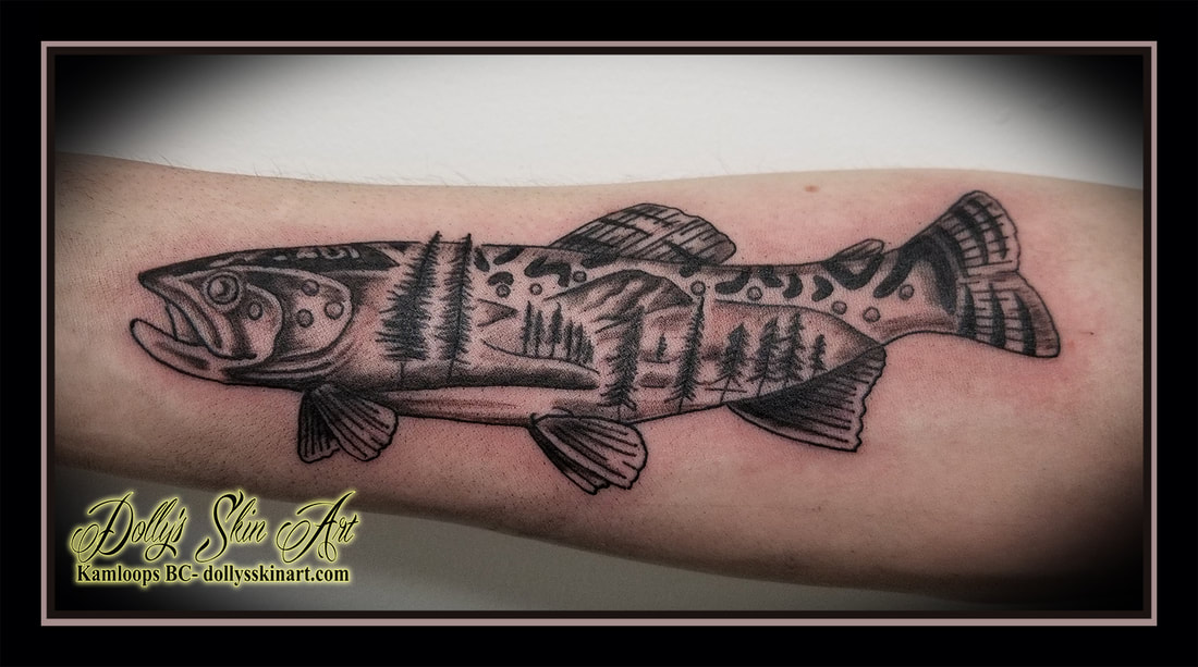 trout tattoo black and grey shading forest trees forearm mountains fish tattoo kamloops tattoo dolly's skin art