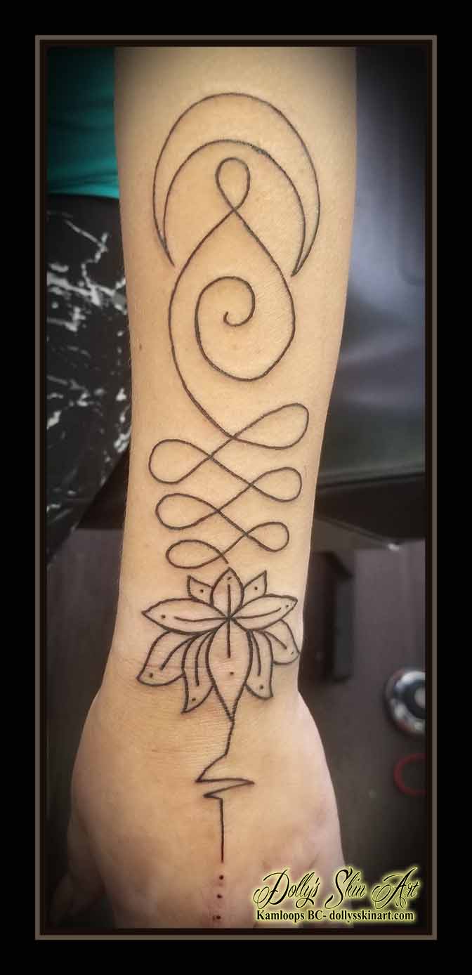unalome tattoo lotus flower heartbeat forearm moon black single line linework tattoo kamloops dolly's skin art