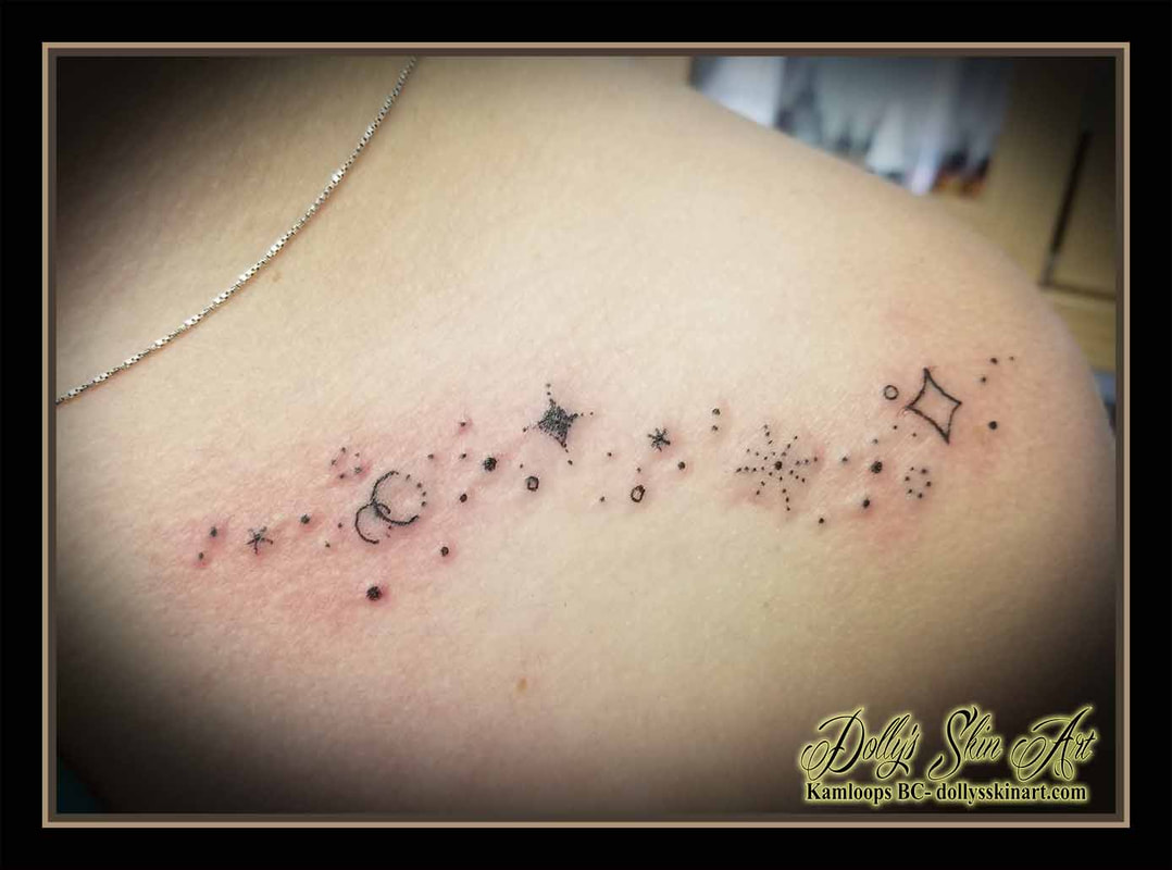 stars tattoo abstract tiny little simple black collarbone space tattoo kamloops dolly's skin art