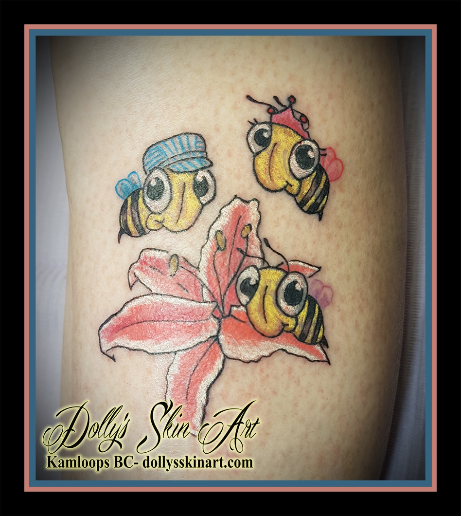 colour animated bees lily grand children small tattoo leg kamloops dolly's skin art