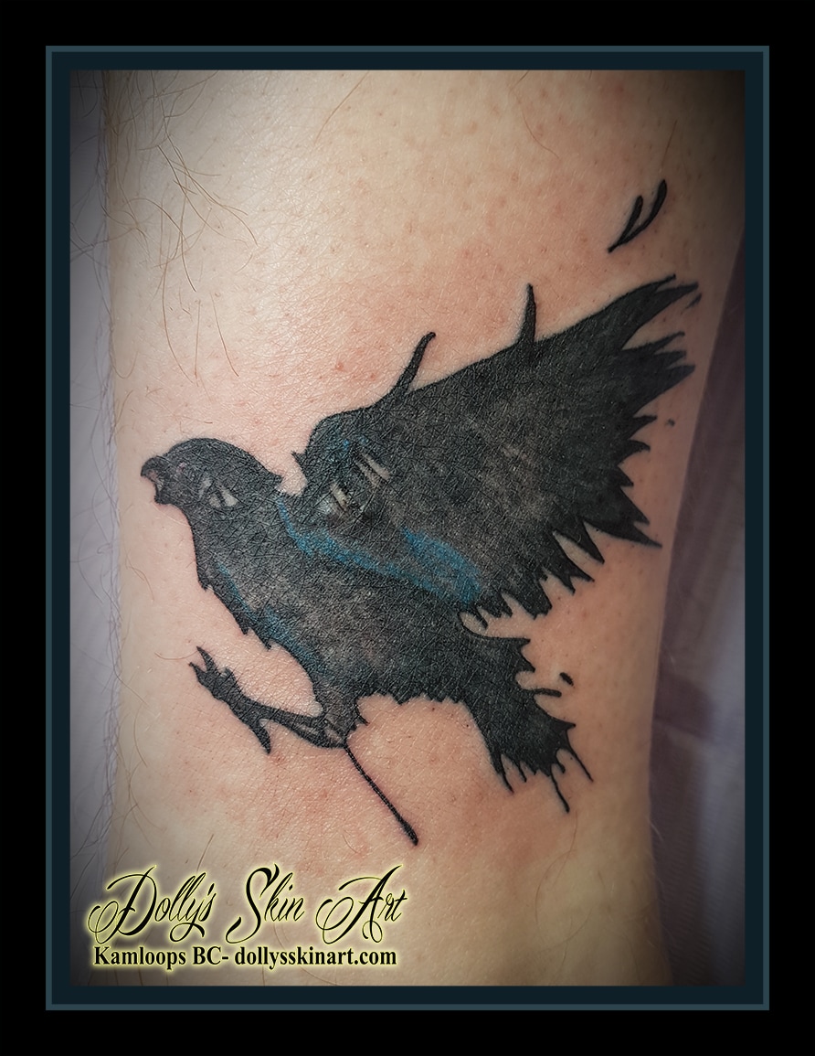 black blue raven abstract silhouette shaded tattoo kamloops dolly's skin art
