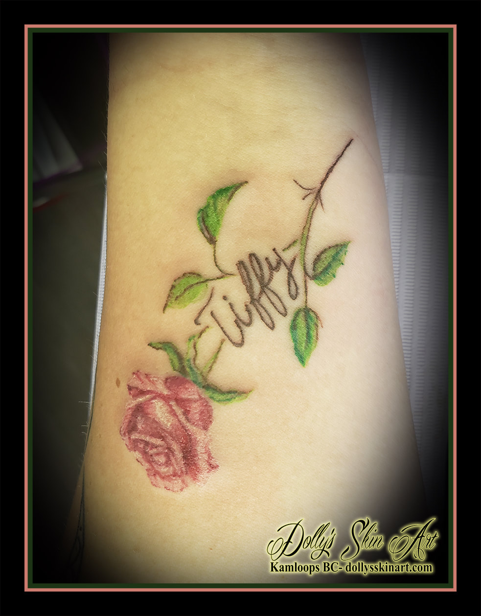 rose tattoo realistic memorial tribute flower colour pink white green brown Tiffy tattoo kamloops dolly's skin art