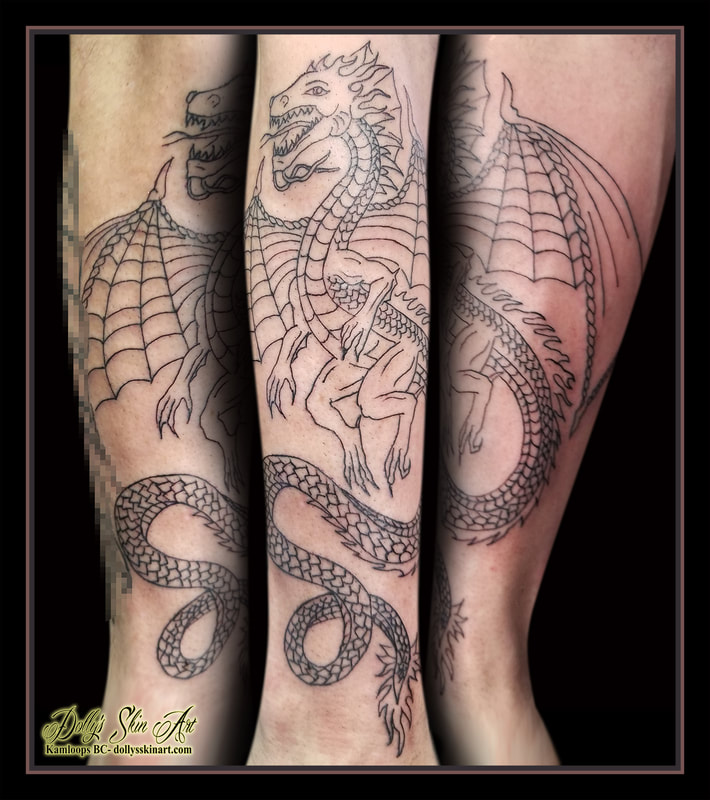 dragon tattoo linework outline black forearm tattoo kamloops dolly's skin art