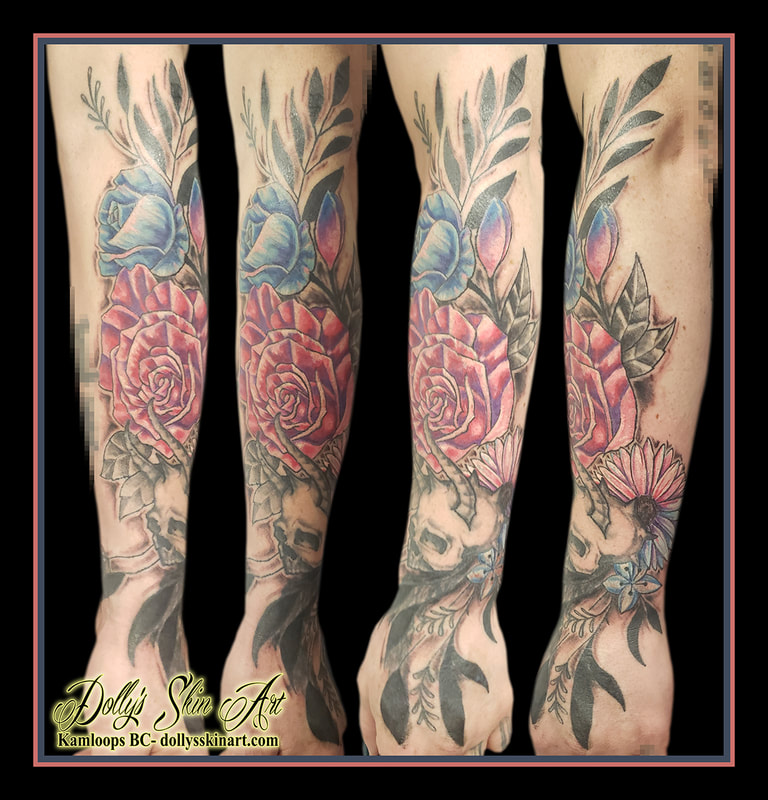 floral cover up flowers forarm hand skull leaves blue pink black white shading tattoo dolly's skin art kamloops