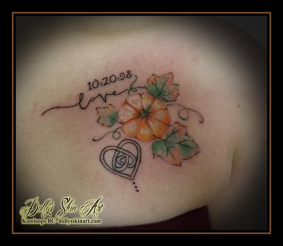 pumpkin tattoo leaves date heart love colour matching mother daughter chest small tattoo kamloops dolly's skin art