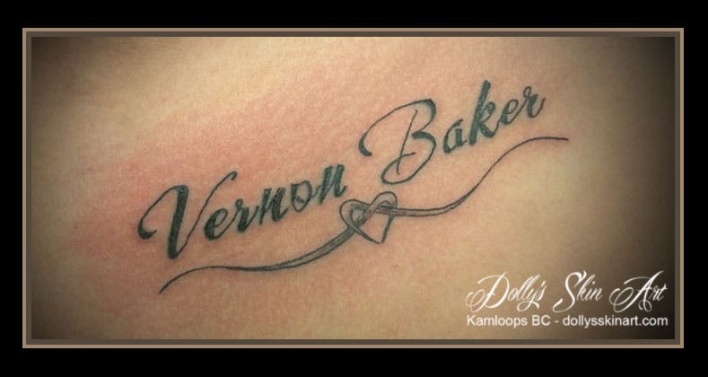 vernon baker son's name tattoo black font lettering kamloops dolly's skin art