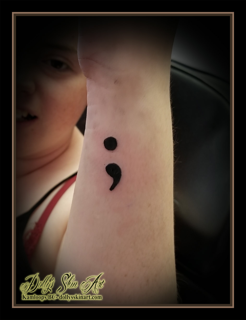semicolon small black wrist forearm tattoo kamloops tattoo dolly's skin art