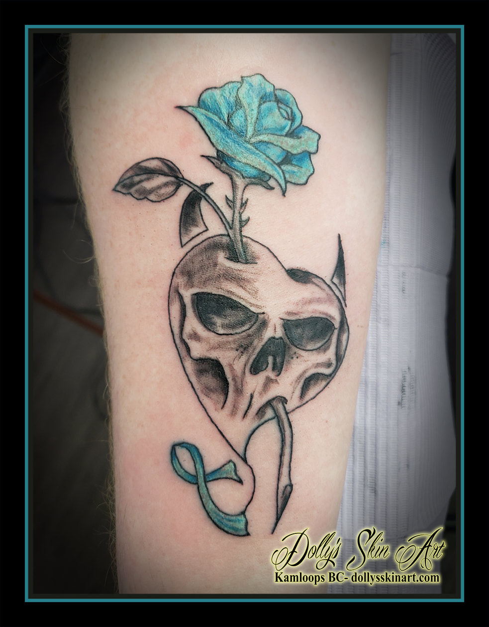 skull rose heart ribbon blue black and grey shading tattoo kamloops dolly's skin art