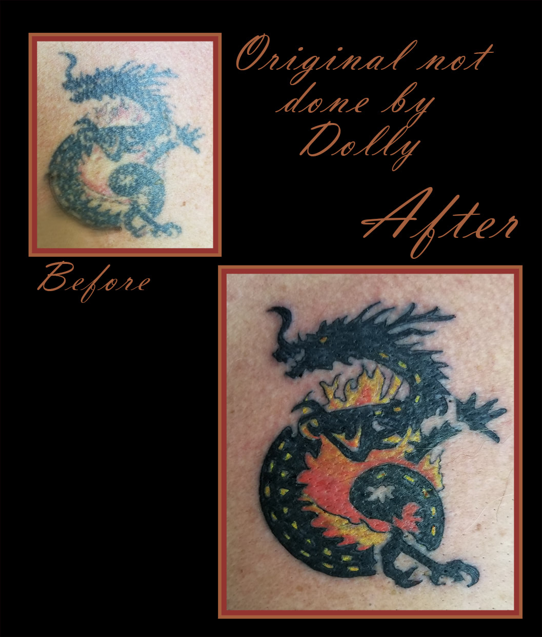refresh rejuvenation cover up tattoo old faded redo black yellow orange simple traditional kamloops dolly's skin art