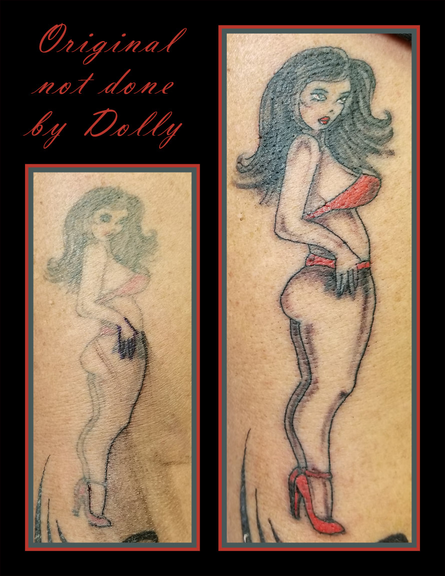 rejuvenated pin up girl old redo cover up update black grey red white kamloops dolly's skin art