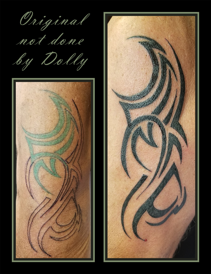 black arm bicep tribal custom cover up rejuvenate old tattoo kamloops dolly's skin art